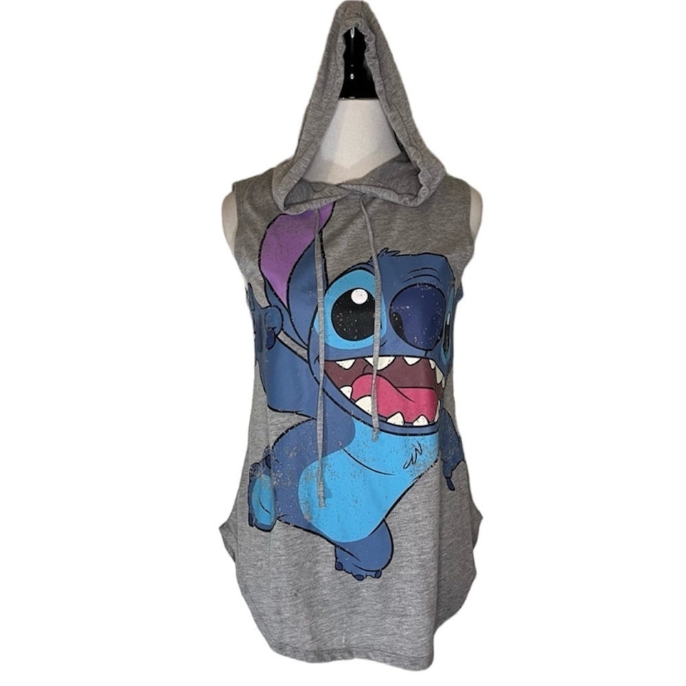 Disney Lilo and Stitch Graphic Tee T-shirt Sleeveless Grey Hoodie Juniors 3/5